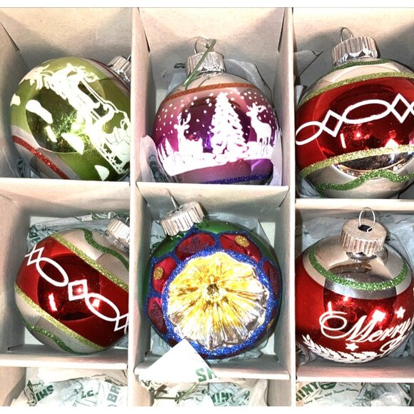 Shiny Brite 9 Christmas Ornaments Stenciled Flocked Christopher W/original paper - Picture 7 of 7